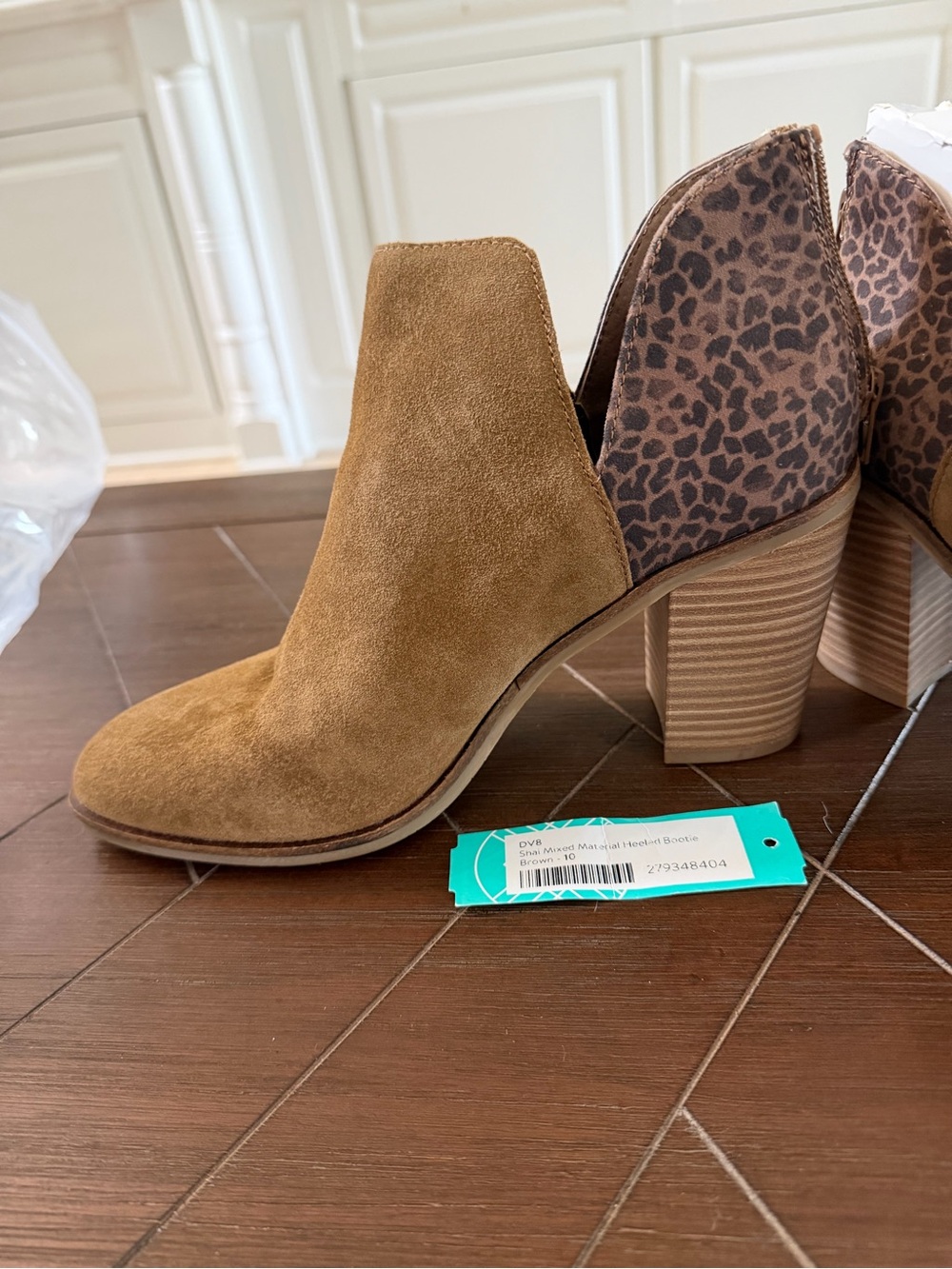 DV8 Shai Mixed Material Heeled Booties Brown Leopard Size 10